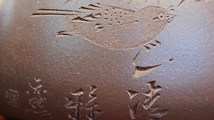 Jing Zhou Shi Piao 景舟石瓢 with exquisite! Robin Engraving 相思鸟~刻绘, 276.2ml, Di Cao Qing Zi Ni 底槽青紫泥, by our Collaborative Craftsman Chen Fa Chu 陈法初 (pot) and Craftsman Yi Ran 亦然 (engraving)。